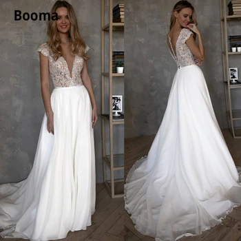 Booma Elegantní Krajkové Svatební Šaty Boho 2019 Tlačítko Zpět Bohémský Svatební Šaty Bílé ivory Šifon Beach Svatební Šaty Plus Velikost