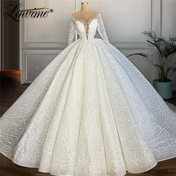 Bílé Svatební Šaty Roku 2020 Vestido De Noiva Krajky Korálkové Dlouhé Rukávy Princezna Svatební Šaty Ručně Šité Perly Svatební Šaty Róby