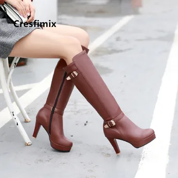 Cresfimix ženy módní hnědá plus velikosti 34 až 43 vysoké podpatky boty lady casual černé pu kožené podzimní boty bottes femmes a6025