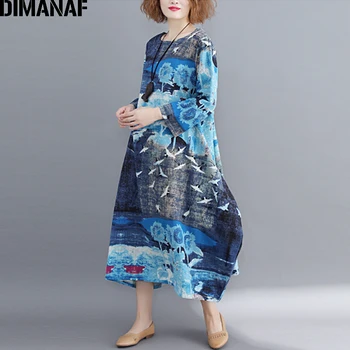 DIMANAF Dámské Šaty Velké Velikosti Povlečení Vintage Print Ženy Oblečení Dámské Elegantní Vestido Volné Dlouhý Rukáv Šaty Podzim 2018