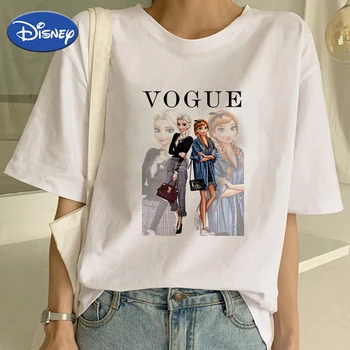 Disney VOGUE Zmrazené Ženy T Shirt Crewneck Krátký Rukáv Elegantní Elsa a Anna Princezna Tištěné Kreslené Značkové Trička Letní