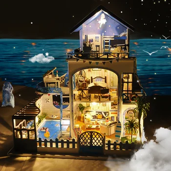 DIY Egejském Moři, Modré Velká Vila Dřevěný Domeček pro panenky Miniaturní Nábytek S LED Domy Panenky Sestavit Hračky Děti Dárek k Narozeninám