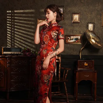Dlouhé Styl Hladké Saténové Červené Cheongsam Qipao pro Ženy, Čínské Tradiční Šaty Orientální Asijské Nový Rok Svatební Šaty