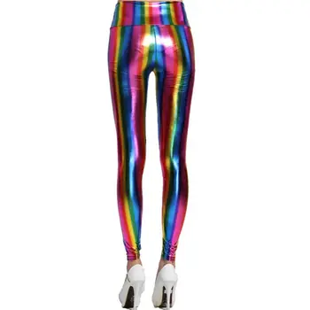 Dámské Hologram Metallic Rainbow Legíny Třpytky Neon Pruhy Vytištěno Vysokým Pasem Kalhoty Faux Kožené Strana Clubwea