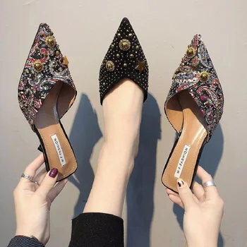 Dámské vysoké podpatky přezůvky semišové špičaté Muller boty ženské Baotou půl pantofle v pořádku s kamínky hvězdy nýty 2019 summ