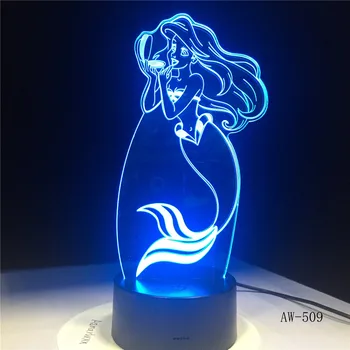 Dětský Den Dárek Malá Mořská víla Princezna 7 Barva Měnící 3D LED Dětské Noční Světlo Stolní Lampa Domácí Výzdoba Děti Hračky AW-509