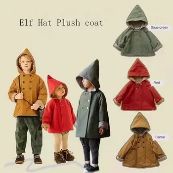 Dětský Kabát s Kapucí zimní korejské Plyšové větrovka chlapci a dívky víla klobouk bunda pozdní podzim na začátku zimy teplý kabát