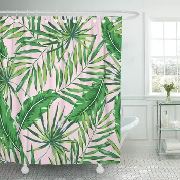 Exotické Zelené Listy Palmy Růžové Tropické Džungli Listí, Květinové Sprchový Závěs Vodotěsné Polyester 72 x 78 cm Set s Háčky