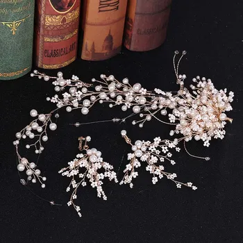 FORSEVEN Vynikající Ruční Vazba Květin Svatební Šperky Sady Vlasy Band Dlouhé Náušnice Luxusní Lesk Crystal Imitace Perla JL