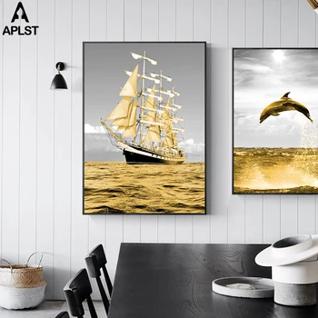 Golden Ocean Život Dolphin Plátně Plachetnice Nástěnná Malba, Plakát Art Nordic Obrázek Tisk Dekorace Pro Obývací Pokoj
