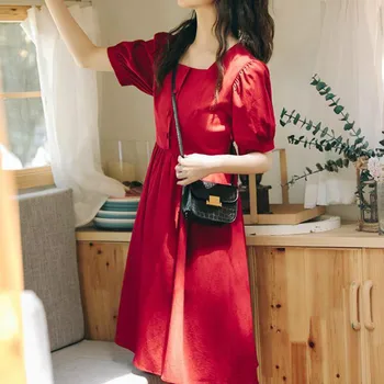 Heydress Vintage Šaty Ženy francouzské Puff Sleeve Náměstí Límec-line Pevné Šaty Ležérní korejský Styl Letní Šaty pro Ženy