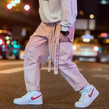 Hip Hop Nákladní Street Kalhoty Dámské Pásky Dopis Výšivky Japonské Běžce Kalhoty Ležérní Multi Kapsy Harem Kalhoty Unisex Růžové