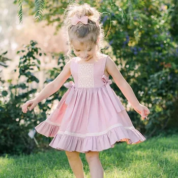 Holčička Plisované šaty Roztomilý Luk bez Rukávů Geometrické růžové barvy 2-4 let letní Příležitostné děti, Kostým, Párty, dětské Oblečení