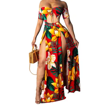 HORKÉ Módní Ženy šaty off rameno štěrbinou Letní Ležérní krátký rukáv Geometrie Party Pláž Polyester Šaty jedno kusů