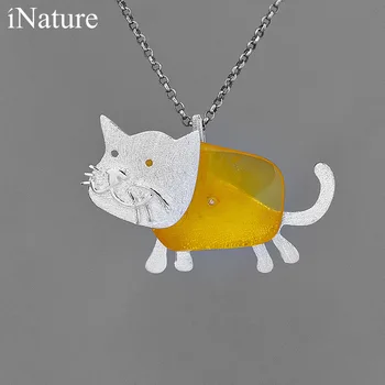 INATURE Přírodní Jantar Roztomilé Kočky Přívěsek Náhrdelník 925 Sterling Silver Šperky Dárek pro Ženy, Dívka