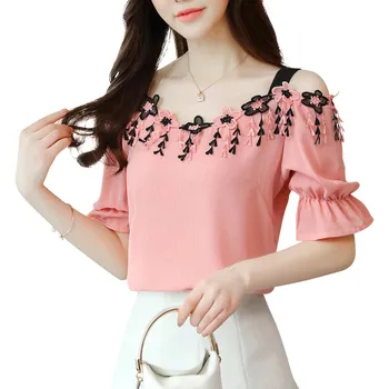 Jarní elegantní dámské tričko nové módní Off Rameno formální tisk Krátký rukáv slim šifon halenky office dámy plus velikost topy
