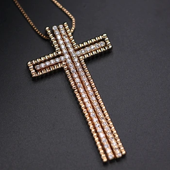 Jedinečný design velké velikosti Kříž Přívěsek Náhrdelník Pro Ženy se Zirkony Zlaté Barvě bez kombinace Řetěz Náhrdelník Šperky