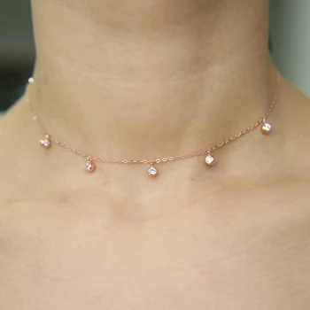 Jednoduché, cz drop kouzlo 35+7 cm krátké řetězu tenké jemné ženy, dívka, dárek 925 sterling silver 5ks cz tečky kouzlo náhrdelník náhrdelník