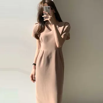 Jednodílné Korejský Dámy Elegantní Šaty Francouzské Slim Office Šaty 2020 Letní Nové Módní Ženy V-Neck Šaty Midi Šaty Žena