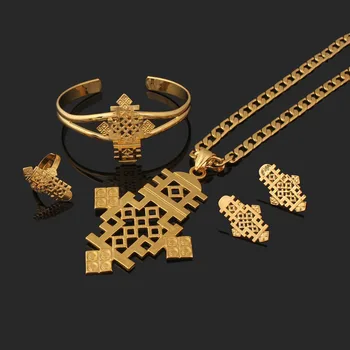 JH Nová Etiopie Velký Kříž Šperky Sady Pro Ženy Afican Svatební Dubai Gold Módní Svatební Zásnubní Dárek Příslušenství Kroužky Sada