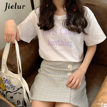 Jielur 2020 Dopis Vytisknout Bílé Fialové Tričko Ženy Ležérní Sladké Korean College Styl Tričko Femme Letní Dívky Elegantní Top S-XL