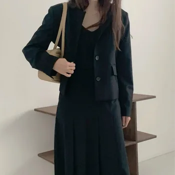 Korea Ženy Podzim Klasické Khaki 2 Ks Sada Ležérní Teplákové soupravy Kulatý Límec Sako s Vysokým Pasem Dlouhé Plisované Sukně