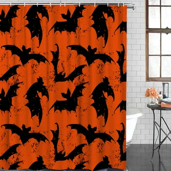 Koupelna Dekorativní Sprchový Závěs Halloween Bat Design, Oranžové Pozadí, Koupelna Sprchový Závěs