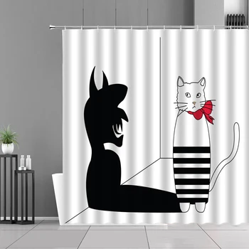 Kreslená Kočka Zvíře Tisk Sprchový Závěs S Háčky Nepromokavé Polyesterové Tkaniny Koupelna Dekorace Bílé Sprchový Závěs Sada