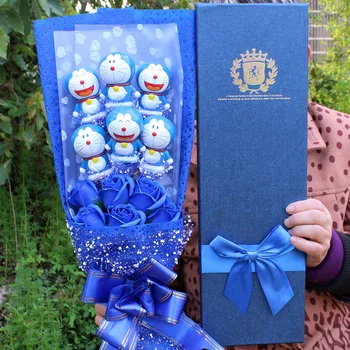 Kreslený Plyšové Panenky Hračky, Doraemon Kočka PVC Kytice Umělé Květiny BEZ Krabice Valentýna Svatební Party Dekorace