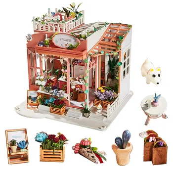 Krásné květiny dřevěné panenky dům 1/24 diy miniaturní panenky dům nábytek a doplňky wood house model pro děti casa