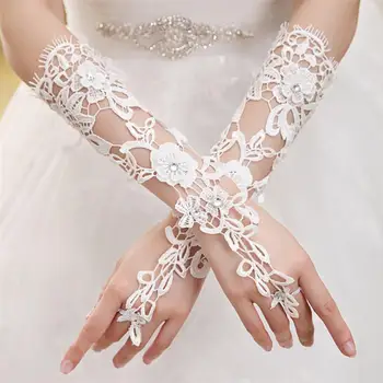 Krátké Svatební Rukavice Dámské bez Prstů Svatební Rukavice Elegantní Drahokamu Bílé Krajkové Rukavice pro svatební Svatební Doplňky