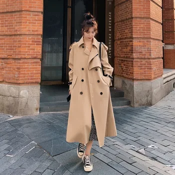 LANMREM khaki francouzský styl větrovka s pás široký pás ztlumte límec nový dlouhý kabát pro ženy, módní příliv 2A1281
