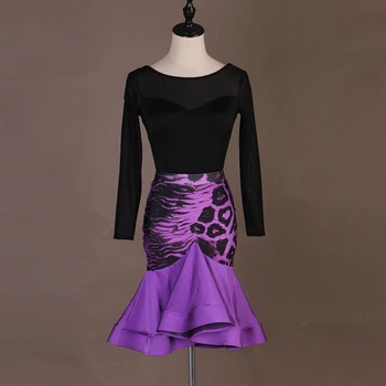 Latin Dance sukně a halenka set purple leopard fishtail sukně nabíranou lem kolem krku halenka top LQ139