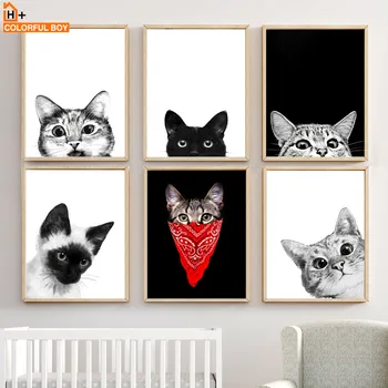 Legrační Kočička Kočka Černá Bílá Děti Nordic Plakáty A Tisky Wall Art Malířské Plátno Nástěnné Obrázky Pro Obývací Pokoj, Salon Dekor