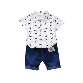 Letní Baby Boy Oblečení Nastavit Květinové Tisk Krátký Rukáv Tričko +Džínové Šortky Ležérní Oblečení děti Oblečení