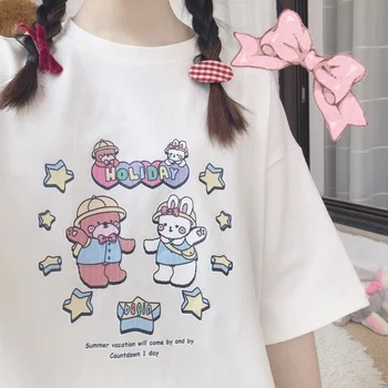 Letní nový Roztomilý Králík, Medvěd Print T-shirt Japonské Měkké sestra Kolem krku Sladký Krátký rukáv Malé Čerstvé Ležérní svetr Topy