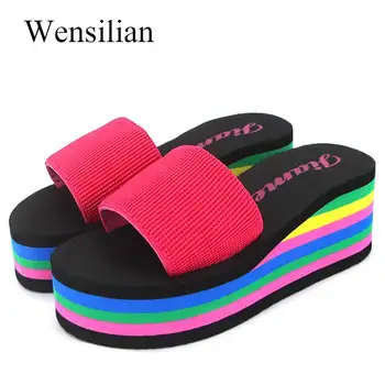 Letní Sandály Ženy Klíny Platforma vana Pantofle Plážové Žabky Rainbow Tlustý Podpatek Dámské Barevné Boty Zapatos Mujer