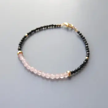 LiiJi Jedinečné Real Rose Quartz Černá Spinel Drobné Korálky Náramek Goldfilled Delikátní Šumivé Náramek Šperky