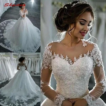 Luxusní Dlouhý Rukáv Krajka Svatební Šaty Plesové Šaty Tyl Plus Velikost Crystal Nevěsta Svatební Weding Pletí Šaty Svatební Šaty Roku 2019