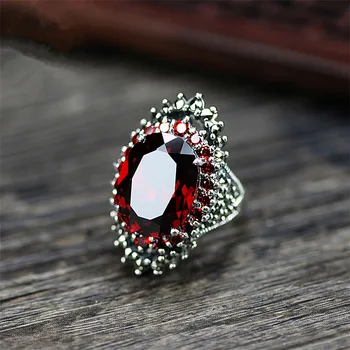 Luxusní Muž Žena Červený Krystal Ring Vintage 925 Mincovní Stříbro Zásnubní Prsteny Pro Ženy Kouzlo Oválný Velký Snubní Prsten