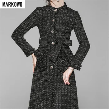 MARKOWO Desinger Značky 2020 Podzimní a zimní nové malé vůni větru tweed Hepburn styl pás kolem pasu šaty kabát