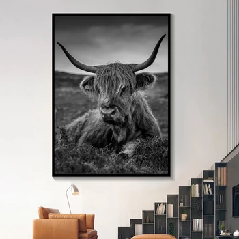Minimalistický Hospodářských Zvířat Malířské Plátno Černé Highland Kráva Umění Zdi Highland Býk Plakáty a Sníh Tisky Obrázků pro Chlapce Pokoj