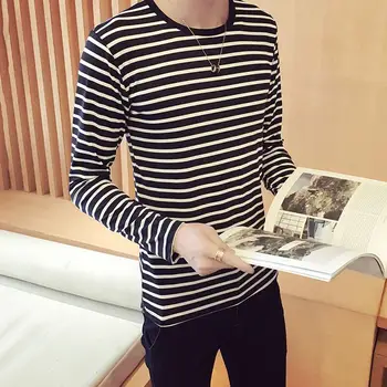 MISSKY 2020 Podzim Jaro Muži T-košile Kolem Krku Pruhované Tričko Dlouhý Rukáv Ležérní Svetr tričko Top Mužské Oblečení