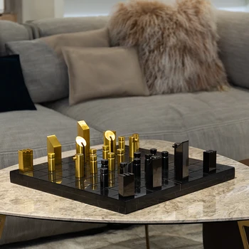 Moderní Černé Mramorové Šachovnice Gold Black Metal Šachová Figurka Dekor Pro Domácí Pokoj Hotel Návrhář Měkké Konferenční Stolek Vybavení