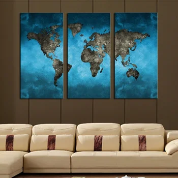 Modré Abstraktní Svět Mapa 3 ks SADA Plátno Malba, Moderní, bytové Dekorace, Obývací Pokoj, Ložnice Zeď Dekor Obraz