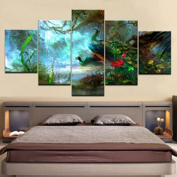 Modulární Plátno Umění Zdi Obrázky Frame Home Dekor Obývací Pokoj 5 Kusů Krásný Páv Modrý Obraz HD Zvíře Tisknout Plakát
