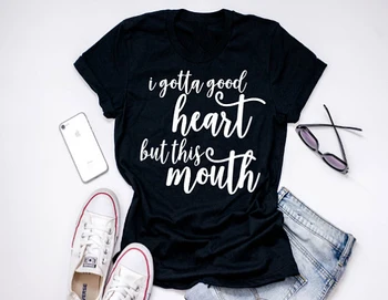 Musím dobré srdce, ale to mouth T-Shirt Ženy Dopis Tisk O-Neck Loose Plus Velikosti Krátký Rukáv Ležérní dárek legrační Top Žena