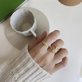 MÁM Módní korejské Luxusní Vydláždit Zirkony Geometrické Květ Prst Prsten pro Ženy Real 925 Sterling Silver Party Svatební Šperky