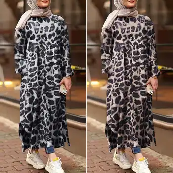 Móda Leopard tisk Šaty Ženy Podzim letní Šaty ZANZEA 2021 Ležérní Dlouhý Rukáv Muslimské Ženské Vestidos Rozdělit šaty Plus Velikost