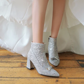 Módní Kotníkové Boty pro Ženy, Náměstí Podpatky Boty Skluzu Na Špičaté Toe Jarní Podzimní Dámské Boty Stříbrné Svatební boty dámské